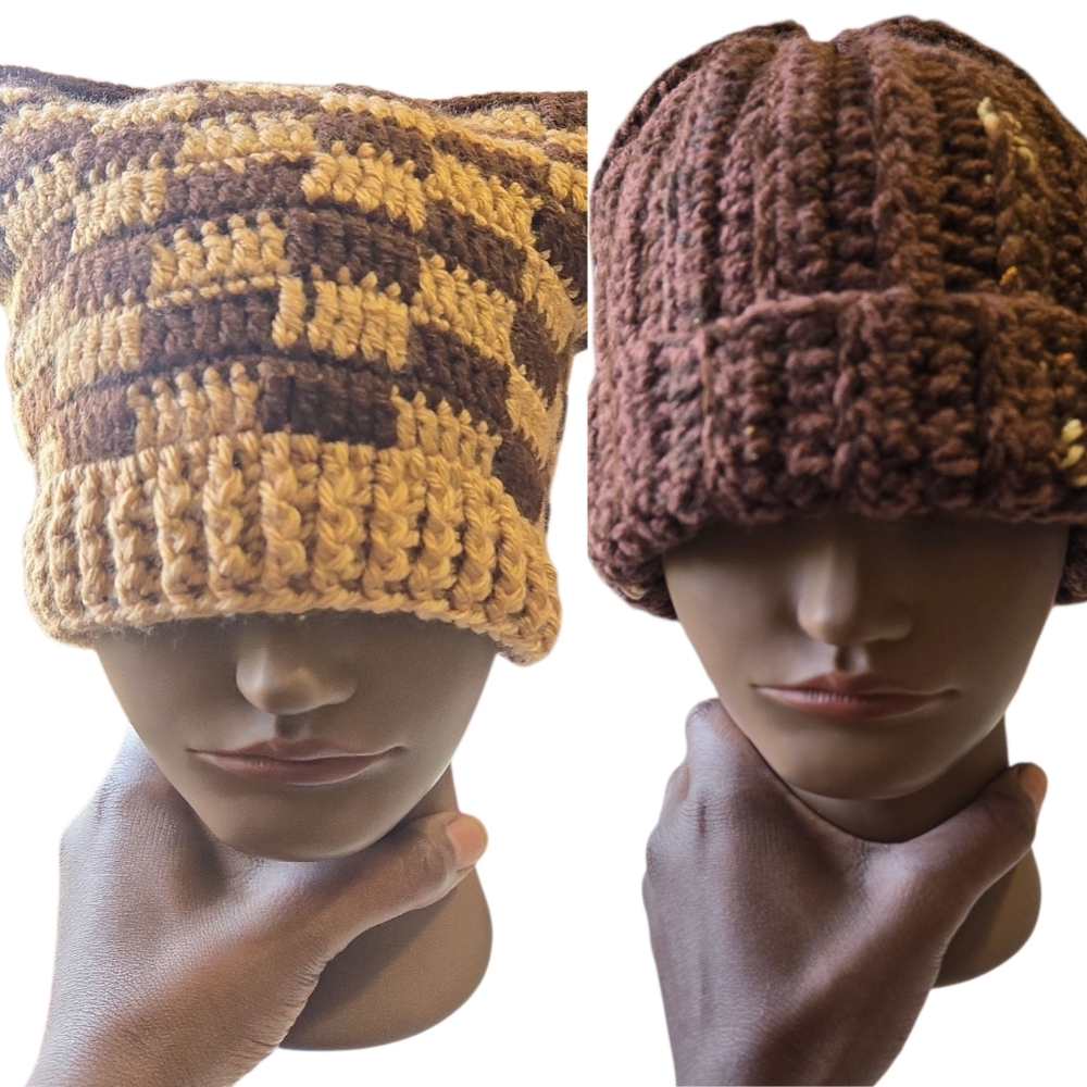 Mens Multi-Brown Crochet Beanie w/Brim & Checkerboard Cat Beanie, Unisex, OFFERS